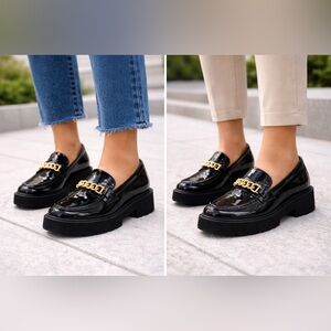 AQUA Blake Black Patent Leather Platform with Gold Chain Chunky Sole Shoes SZ 11